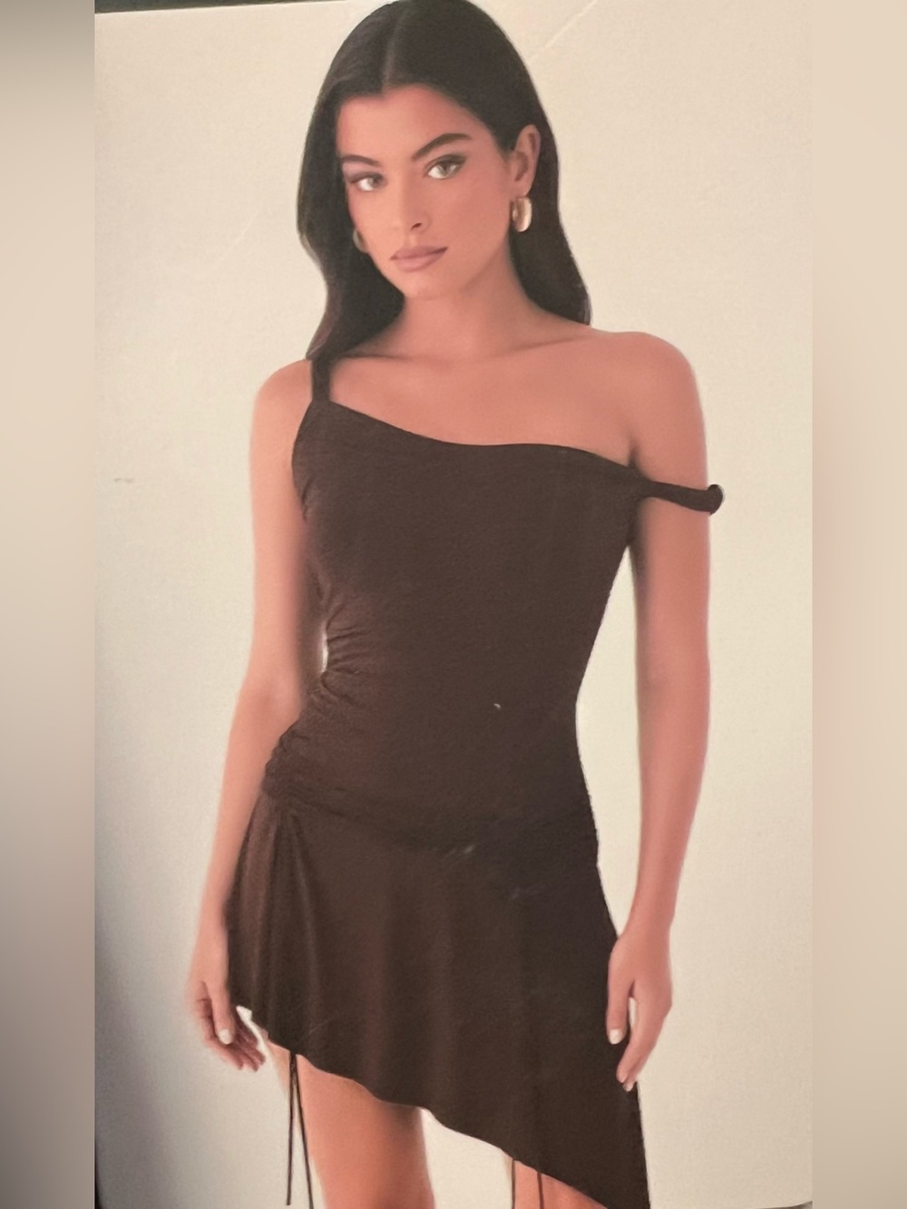 Asymmetrical Twisted-Strap Dress in Dark Brown